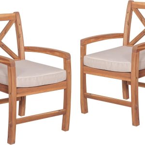 Walker Edison Delray Classic Acacia Wood X Back Patio Chairs with Cushions, Set of 2, Brown