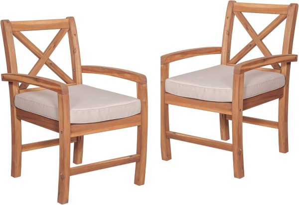Walker Edison Delray Classic Acacia Wood X Back Patio Chairs with Cushions, Set of 2, Brown