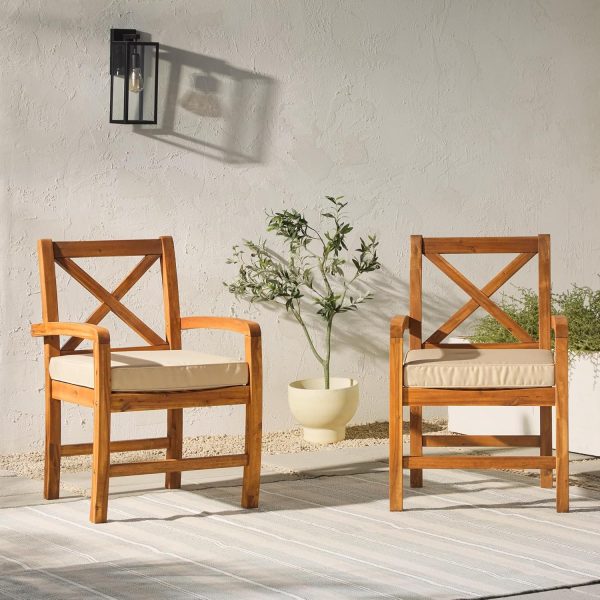 Walker Edison Delray Classic Acacia Wood X Back Patio Chairs with Cushions, Set of 2, Brown - Image 2