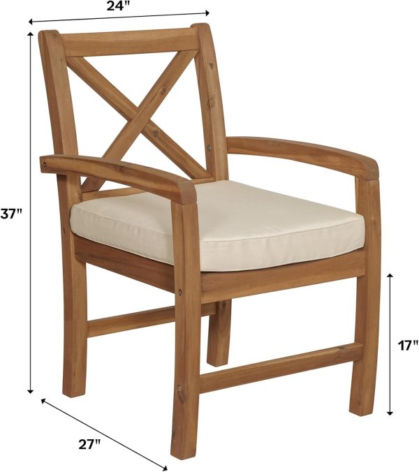Walker Edison Delray Classic Acacia Wood X Back Patio Chairs with Cushions, Set of 2, Brown - Image 3