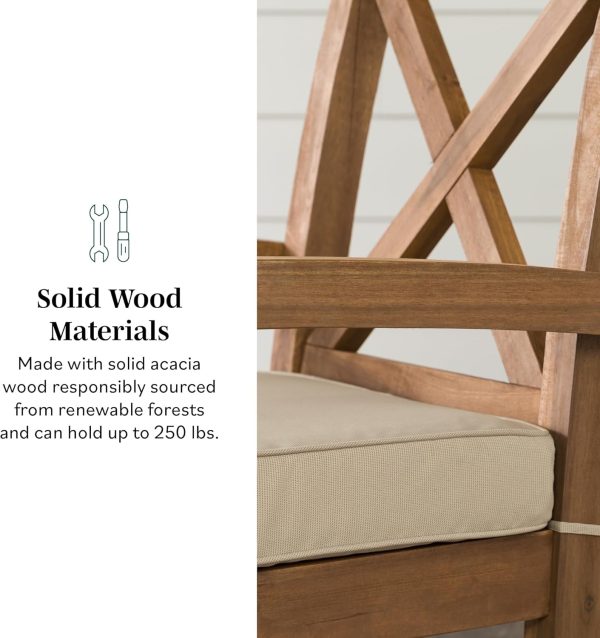 Walker Edison Delray Classic Acacia Wood X Back Patio Chairs with Cushions, Set of 2, Brown - Image 4
