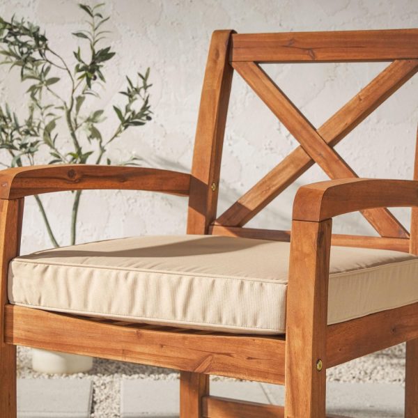 Walker Edison Delray Classic Acacia Wood X Back Patio Chairs with Cushions, Set of 2, Brown - Image 6