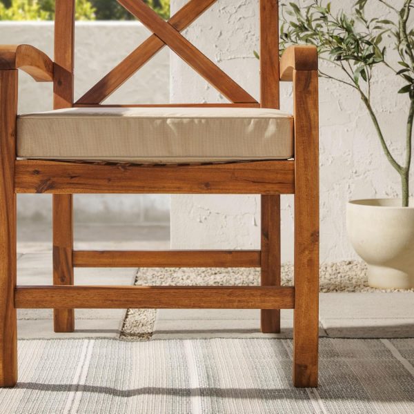 Walker Edison Delray Classic Acacia Wood X Back Patio Chairs with Cushions, Set of 2, Brown - Image 8