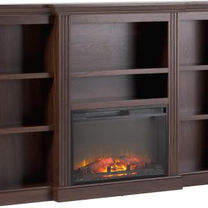 Walker Edison 70” Traditional Mantel Fireplace, Freestanding Electric Fireplace with Shelves to Display Decor or Books, Heats Rooms up to 1,000 Square Feet, 12.5" D x 45" H, Brown
