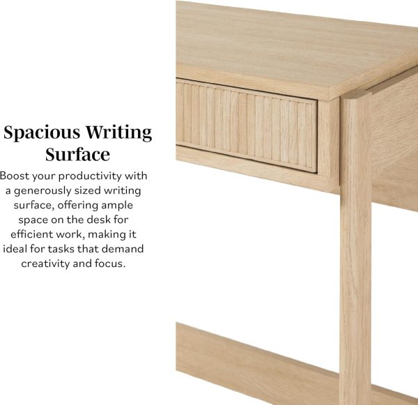 Walker Edison Transitional Office Design, Reeded Drawer Front Detail, Writing Desk with Drawer, Spacious Desktop, Complementary in Living Spaces, 38”W x 16.75”D x 30”H, Coastal Oak - Image 4
