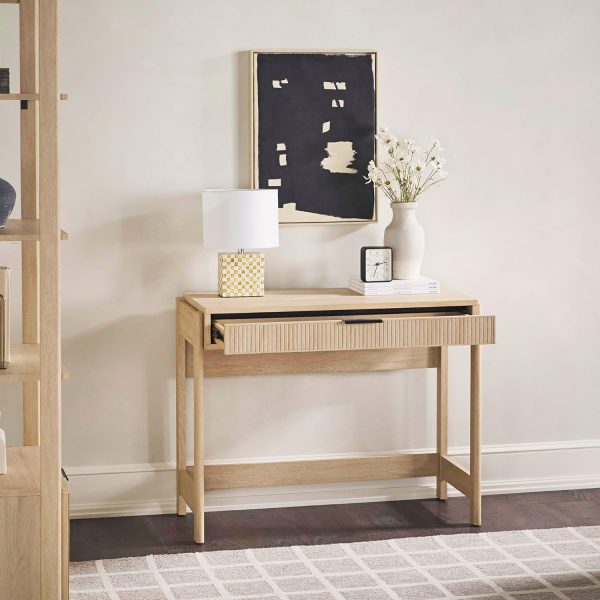 Walker Edison Transitional Office Design, Reeded Drawer Front Detail, Writing Desk with Drawer, Spacious Desktop, Complementary in Living Spaces, 38”W x 16.75”D x 30”H, Coastal Oak - Image 6
