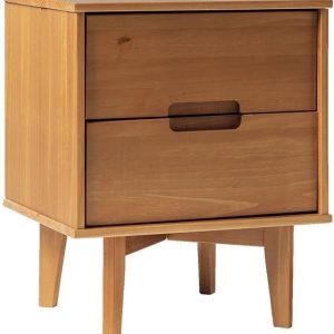 Walker Edison Mid Century Modern Grooved Handle Wood Nightstand Side Table Bedroom Storage Drawer and Shelf Bedside End Table, 2 Drawer, Caramel