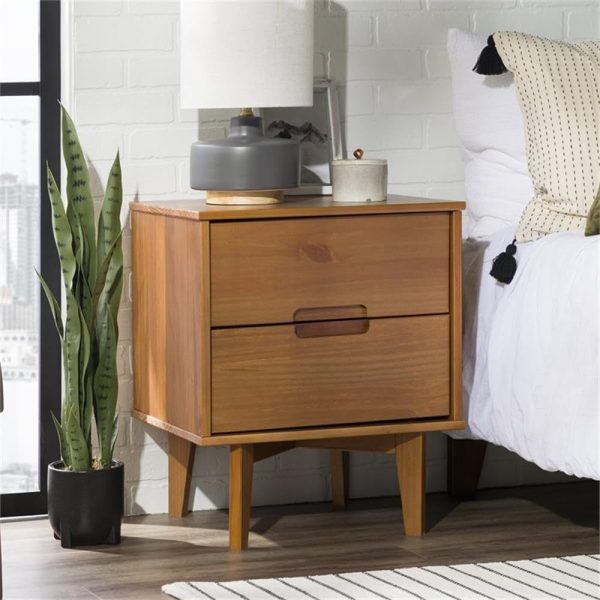 Walker Edison Mid Century Modern Grooved Handle Wood Nightstand Side Table Bedroom Storage Drawer and Shelf Bedside End Table, 2 Drawer, Caramel - Image 2