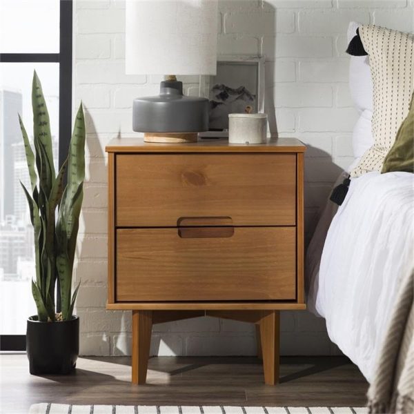 Walker Edison Mid Century Modern Grooved Handle Wood Nightstand Side Table Bedroom Storage Drawer and Shelf Bedside End Table, 2 Drawer, Caramel - Image 4