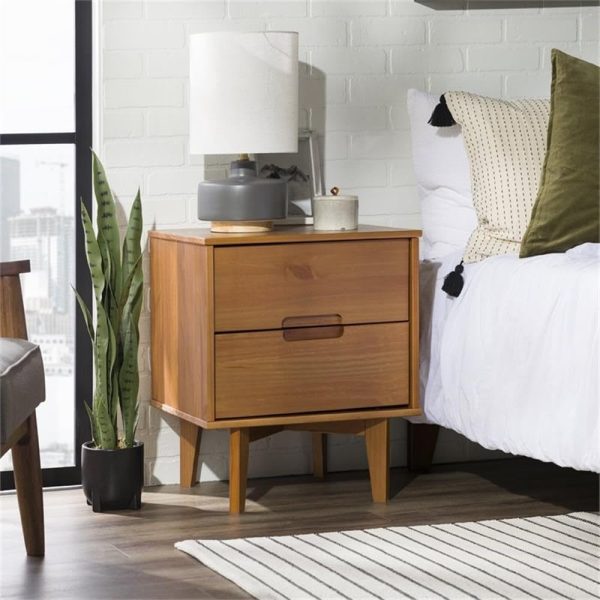 Walker Edison Mid Century Modern Grooved Handle Wood Nightstand Side Table Bedroom Storage Drawer and Shelf Bedside End Table, 2 Drawer, Caramel - Image 5