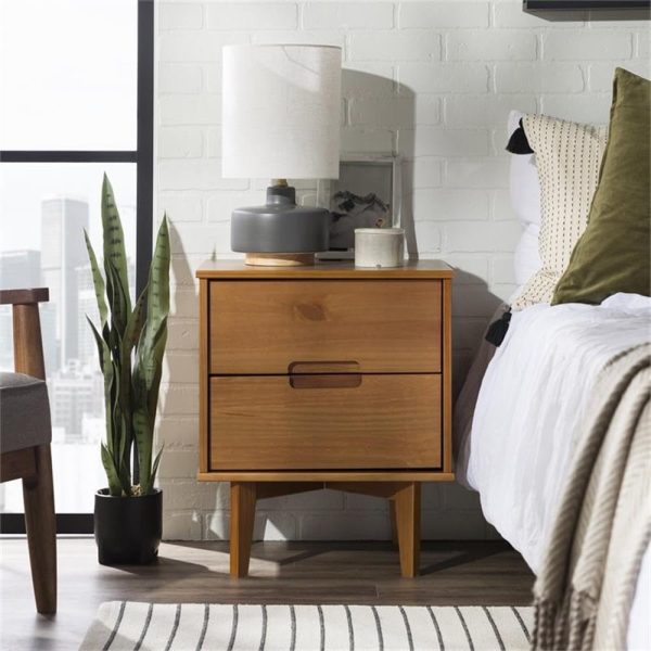 Walker Edison Mid Century Modern Grooved Handle Wood Nightstand Side Table Bedroom Storage Drawer and Shelf Bedside End Table, 2 Drawer, Caramel - Image 6