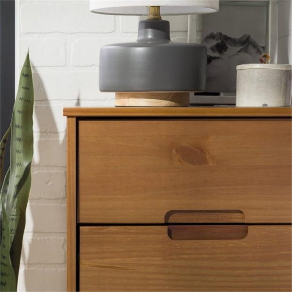 Walker Edison Mid Century Modern Grooved Handle Wood Nightstand Side Table Bedroom Storage Drawer and Shelf Bedside End Table, 2 Drawer, Caramel - Image 7