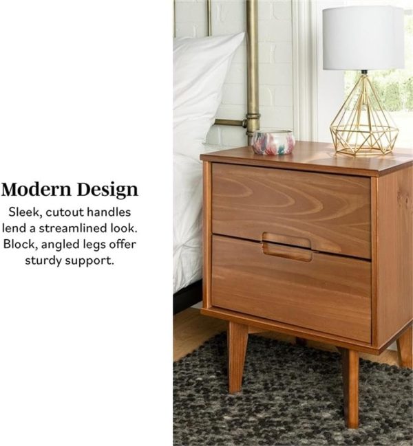 Walker Edison Mid Century Modern Grooved Handle Wood Nightstand Side Table Bedroom Storage Drawer and Shelf Bedside End Table, 2 Drawer, Caramel - Image 9