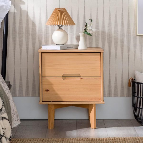 Walker Edison Mid Century Modern Grooved Handle Wood Nightstand Side Table Bedroom Storage Drawer and Shelf Bedside End Table, 2 Drawer, Caramel - Image 33