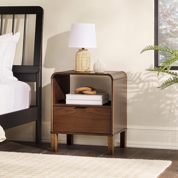 Walker Edison Modern Curved-Top Solid Wood 1-Drawer Nightstand with Open Cubby, 24 Inch, Brown - Image 2